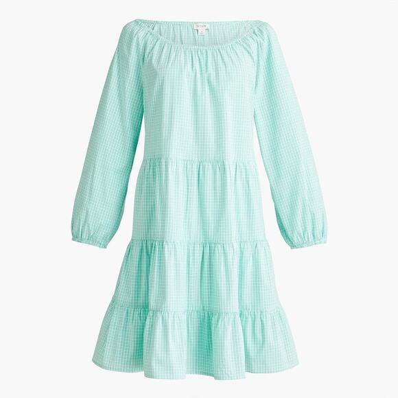 J. Crew Gingham Cotton Poplin Raglan Tiered Mini Dress Venetian Green NWT Size S - Picture 1 of 7
